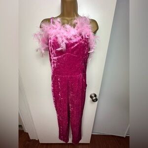 Unique Vintage Barbie Pink Crushed Velvet Feather Bust Trim Jumpsuit NWOT Size M